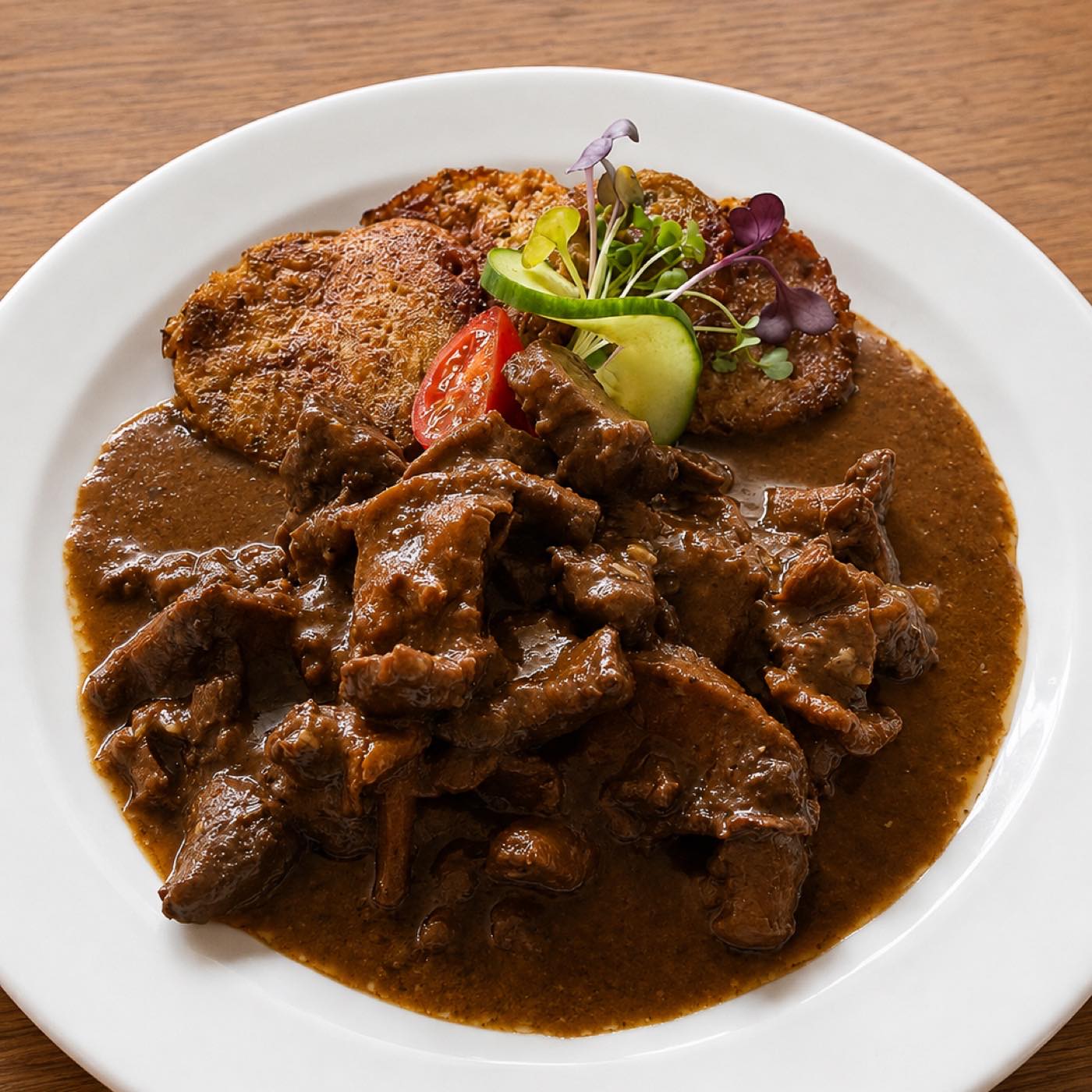 Hovězí plátky v omáčce s bramboráky — Restaurace Celnice